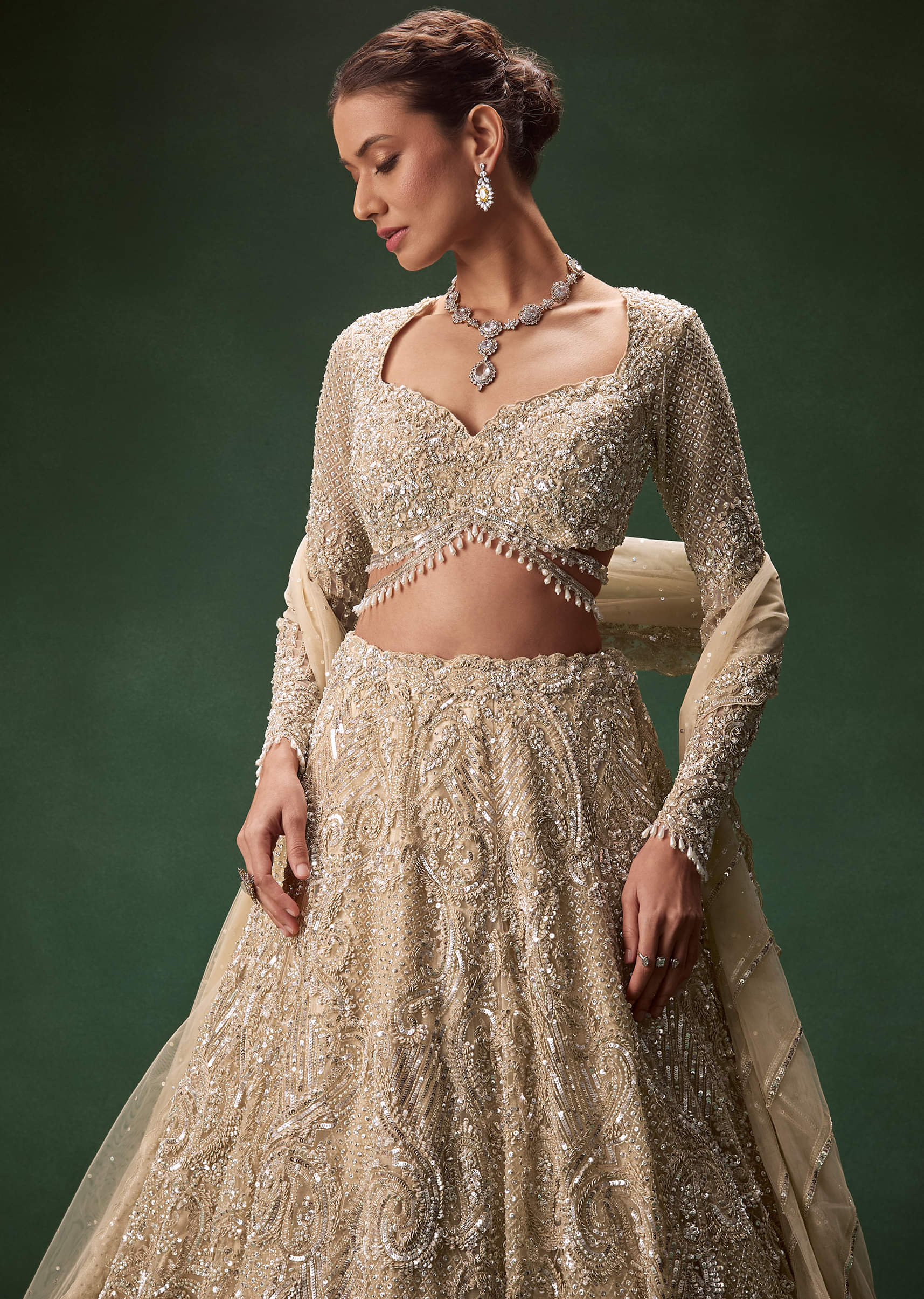 Indian Gold Embroidered Net Bridal Lehenga (3-Piece) - Image 5