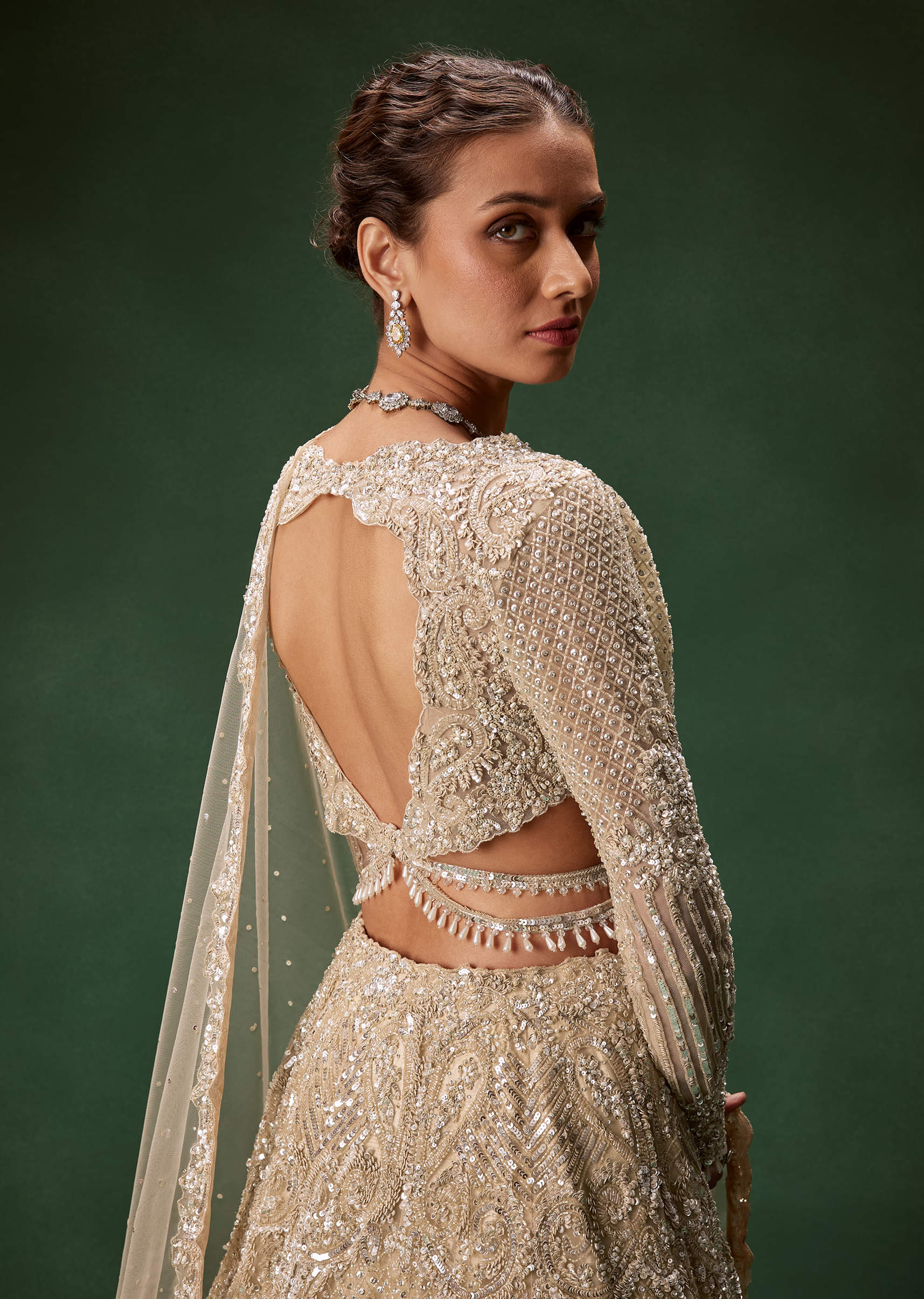 Indian Gold Embroidered Net Bridal Lehenga (3-Piece) - Image 6