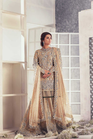 Champagne Gold Embellished Organza & Jamawar Bridal Lehenga (3-Piece) - Image 1