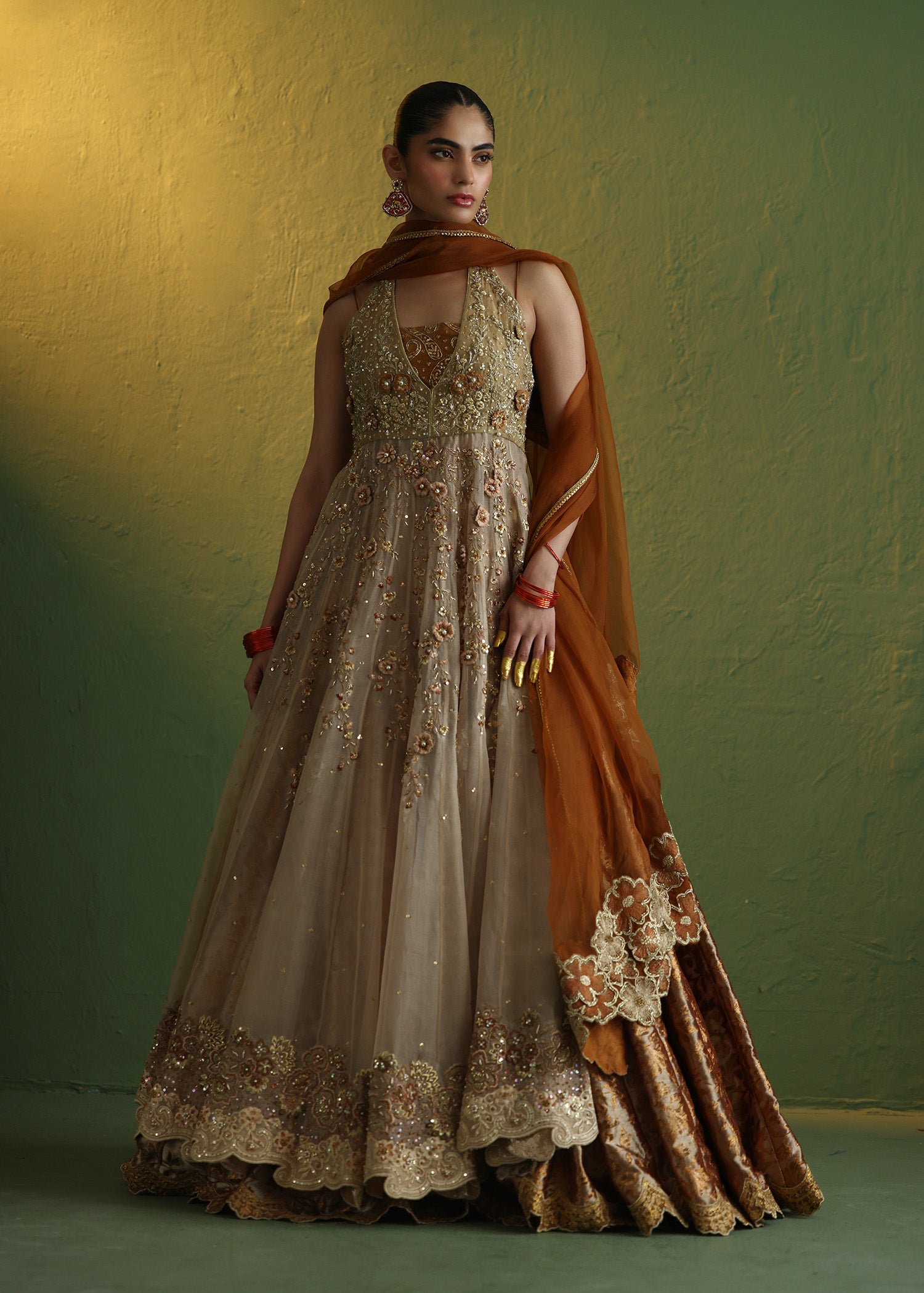 Pakistani Orange Embroidered Organza Gown with Lehenga (3-Piece) - Image 1