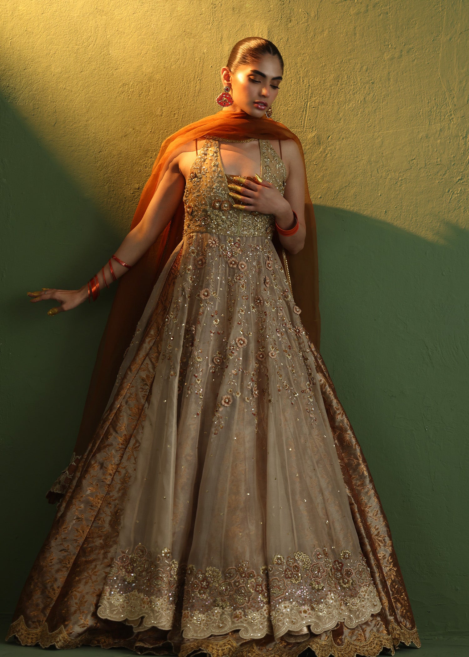 Pakistani Orange Embroidered Organza Gown with Lehenga (3-Piece) - Image 5