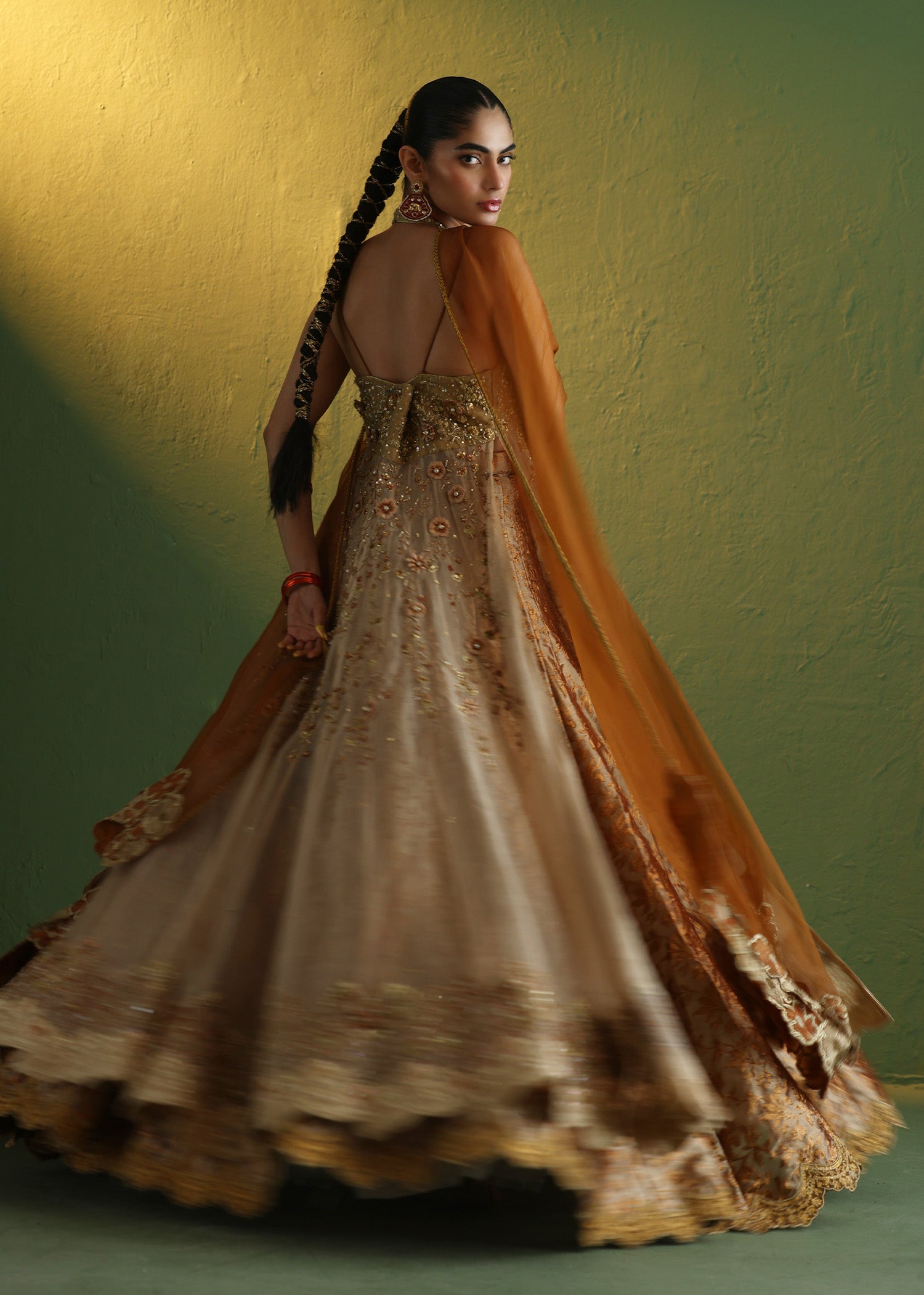 Pakistani Orange Embroidered Organza Gown with Lehenga (3-Piece) - Image 6