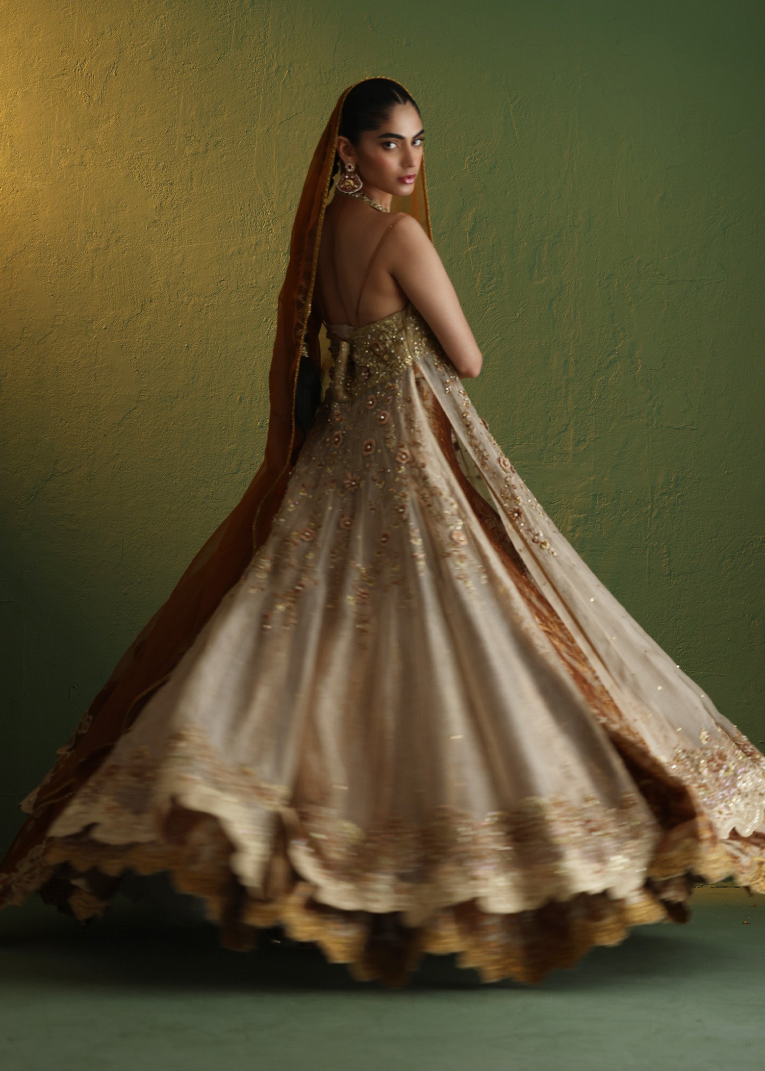 Pakistani Orange Embroidered Organza Gown with Lehenga (3-Piece) - Image 9