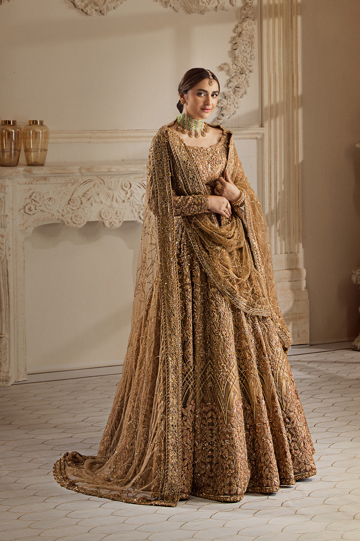 Champagne Gold Embellished Organza Bridal Lehenga Choli (3-Piece) - Image 7