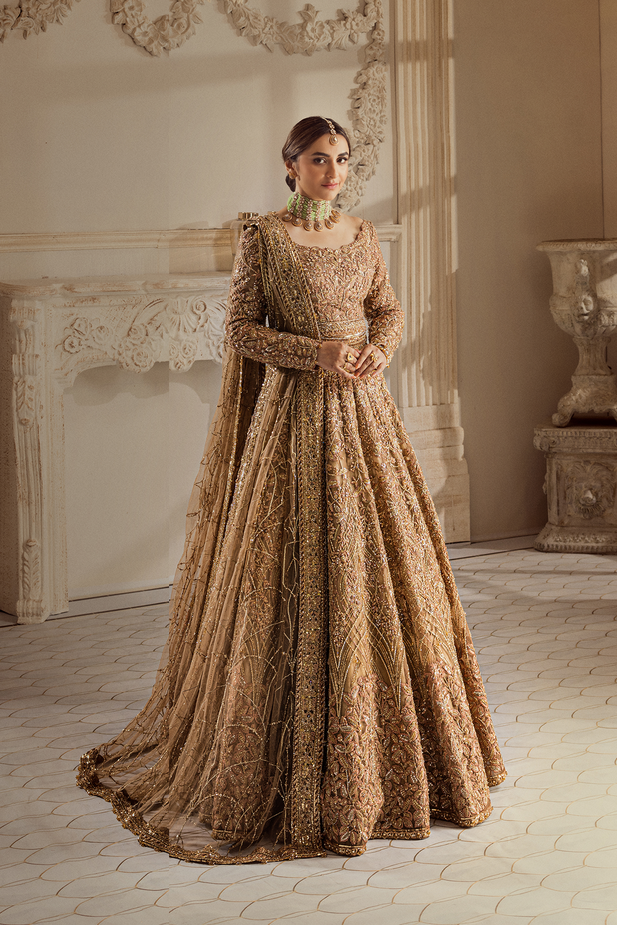 Champagne Gold Adda Work Organza Bridal Lehenga Choli (3-Piece) - Image 1