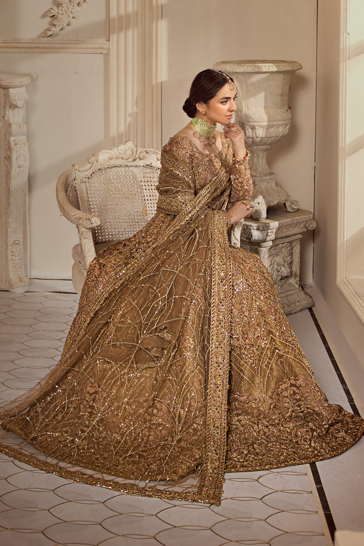 Champagne Gold Adda Work Organza Bridal Lehenga Choli (3-Piece) - Image 10