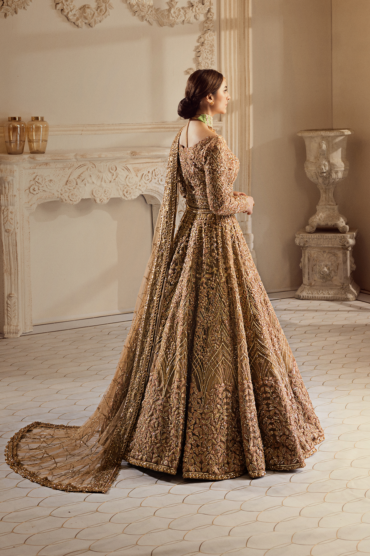 Champagne Gold Adda Work Organza Bridal Lehenga Choli (3-Piece) - Image 2