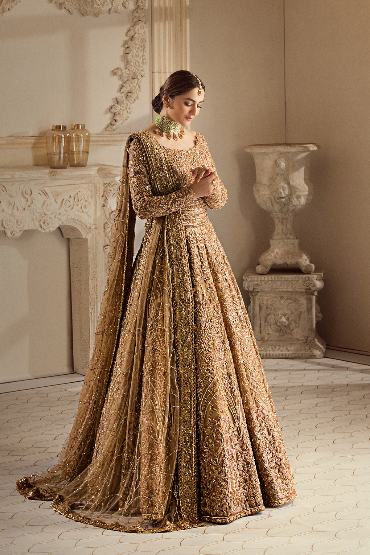 Champagne Gold Adda Work Organza Bridal Lehenga Choli (3-Piece) - Image 3