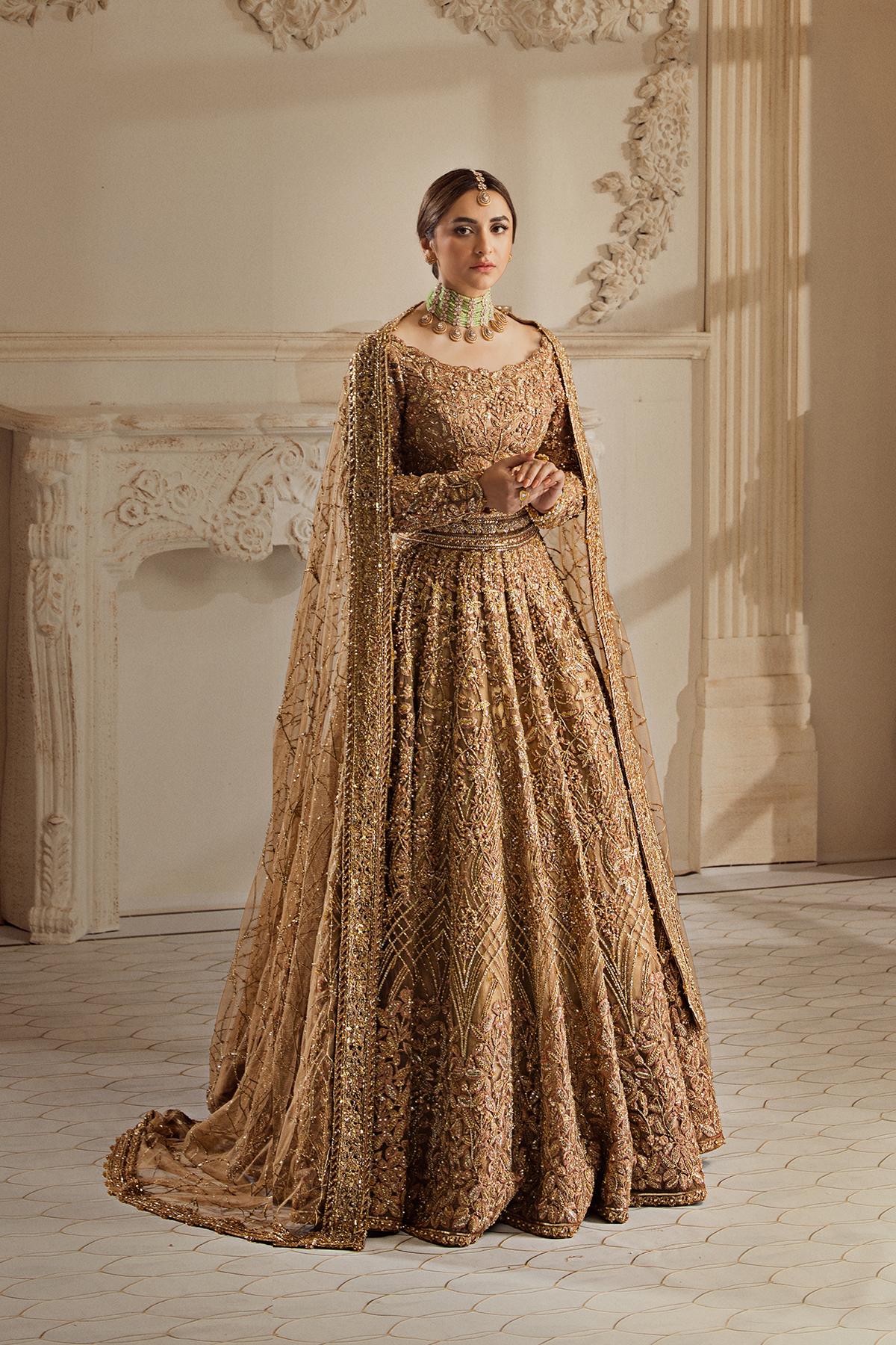 Champagne Gold Adda Work Organza Bridal Lehenga Choli (3-Piece) - Image 5