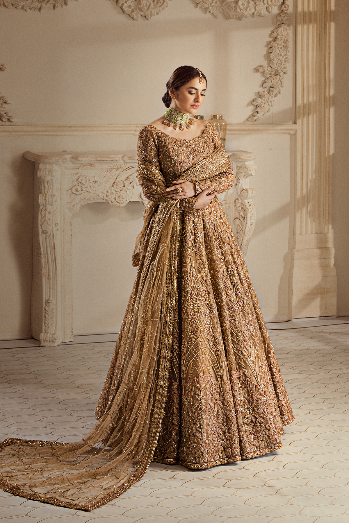 Champagne Gold Adda Work Organza Bridal Lehenga Choli (3-Piece) - Image 6