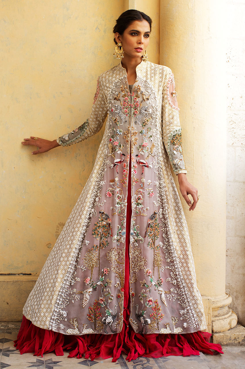 Pakistani Golden Hand-Embroidered Tissue Organza Jacket with Lehnga (2-Piece) - Image 1