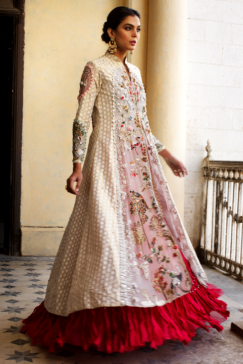 Pakistani Golden Hand-Embroidered Tissue Organza Jacket with Lehnga (2-Piece) - Image 2