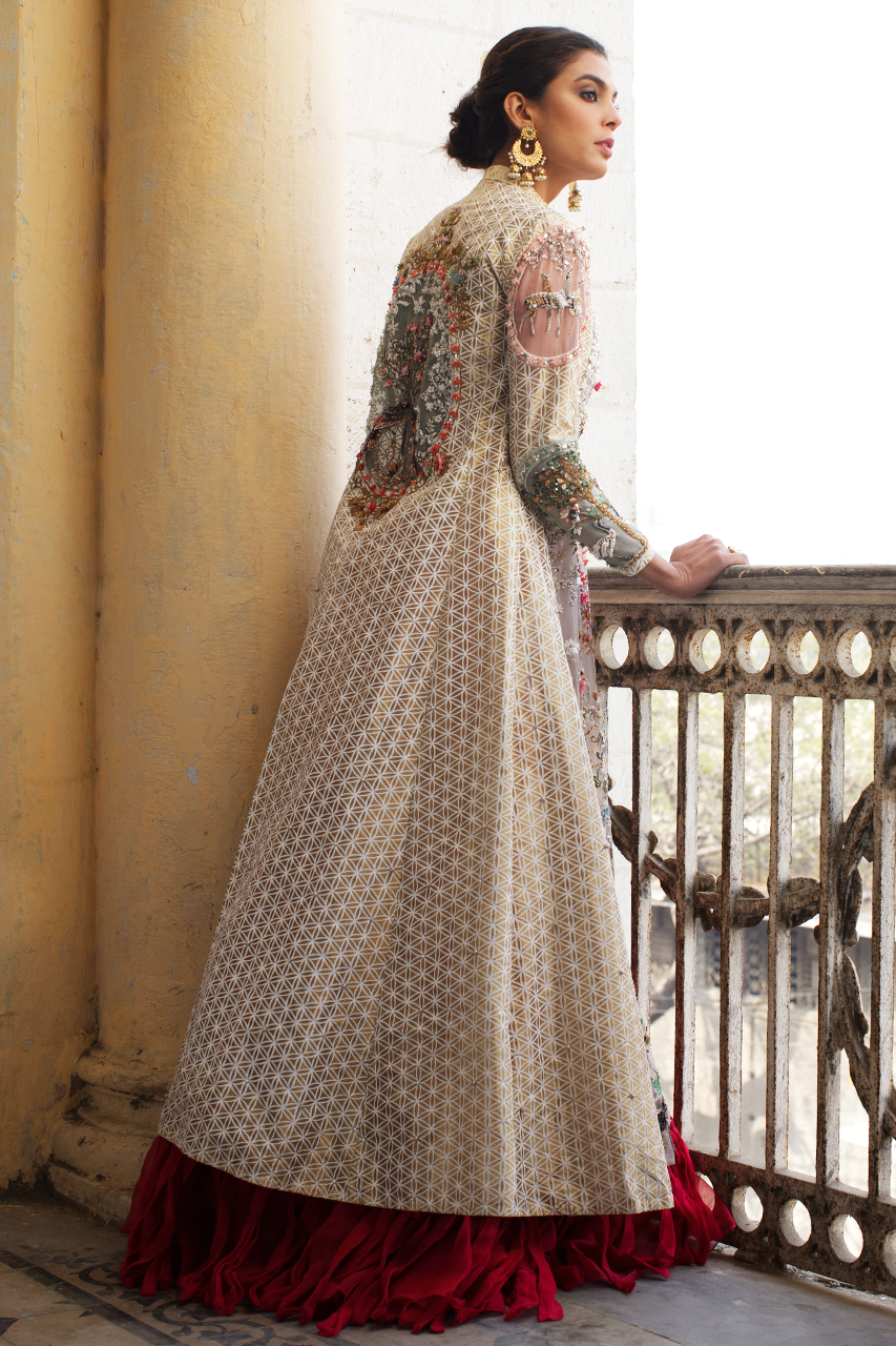 Pakistani Golden Hand-Embroidered Tissue Organza Jacket with Lehnga (2-Piece) - Image 3