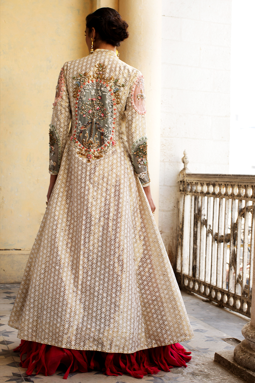 Pakistani Golden Hand-Embroidered Tissue Organza Jacket with Lehnga (2-Piece) - Image 4