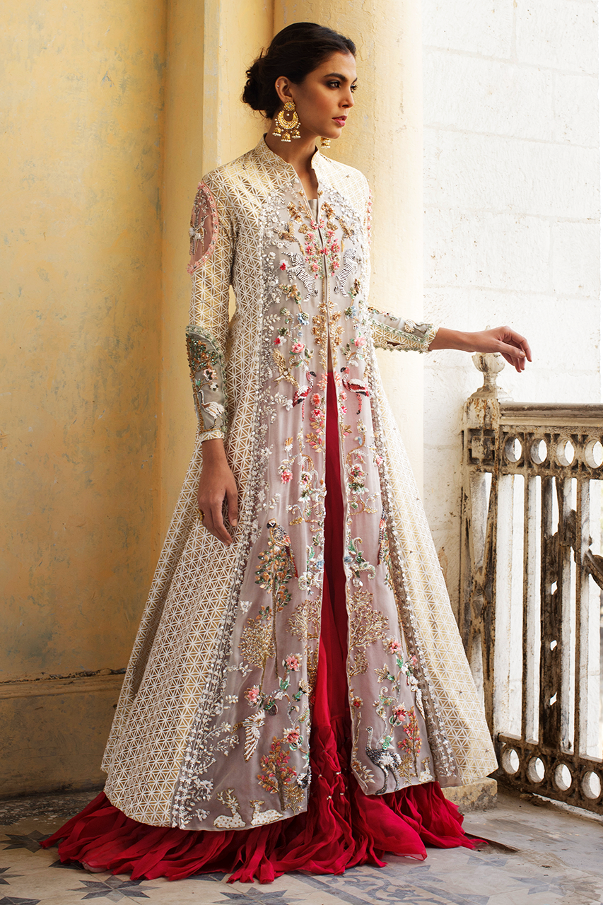Pakistani Golden Hand-Embroidered Tissue Organza Jacket with Lehnga (2-Piece) - Image 5