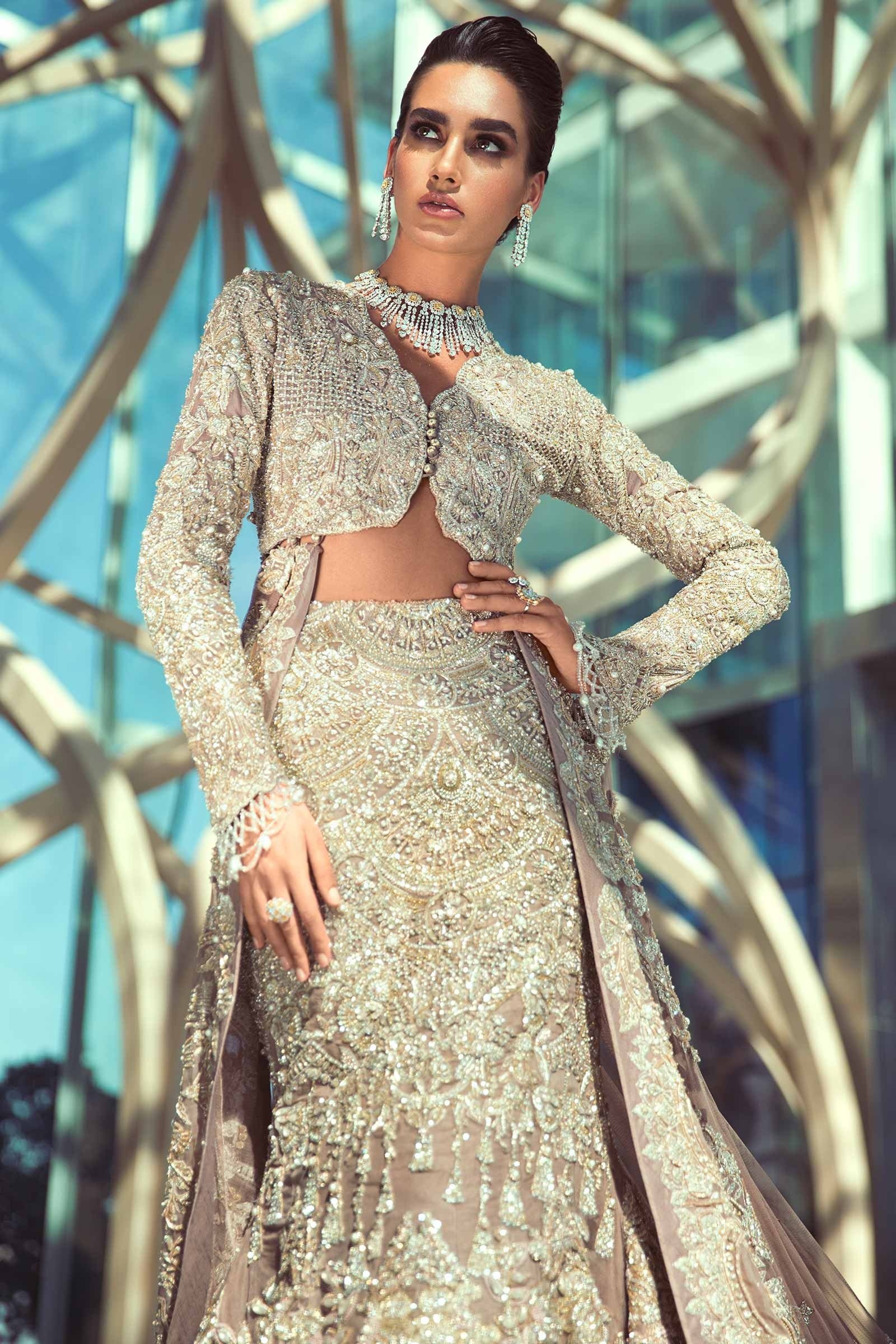 Champagne Embellished Net Organza Bridal Jacket & Skirt (2-Piece) - Image 1