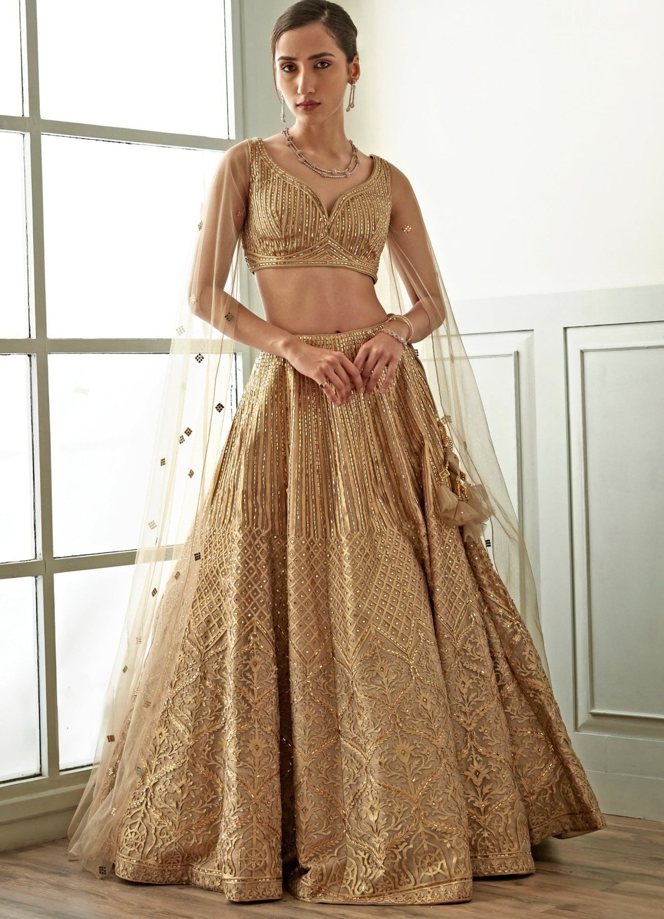 Beige Gold Embellished Organza Lehenga (3-Piece) - Image 2