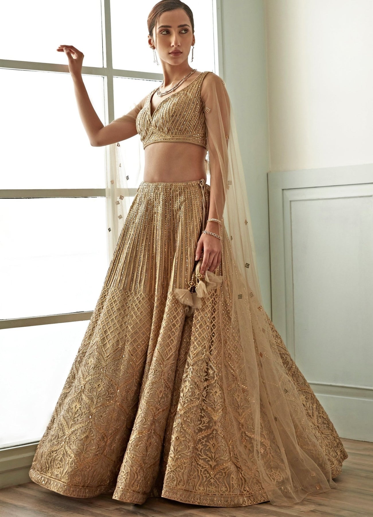 Beige Gold Embellished Organza Lehenga (3-Piece) - Image 3