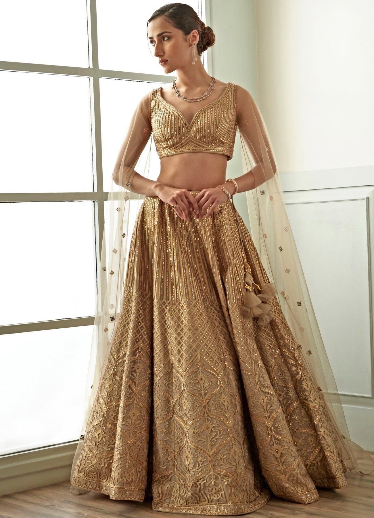Beige Gold Embellished Organza Lehenga (3-Piece) - Image 5