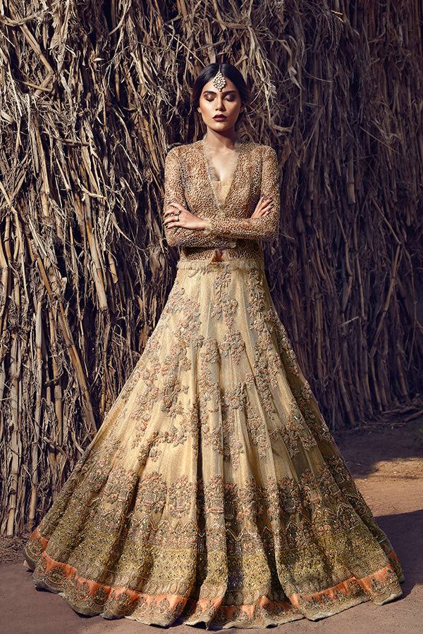 Gold Cutwork Organza Top with Embellished Lehenga (2-Piece) - Image 1