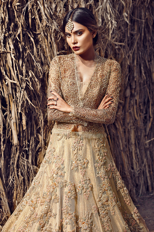 Gold Cutwork Organza Top with Embellished Lehenga (2-Piece) - Image 2