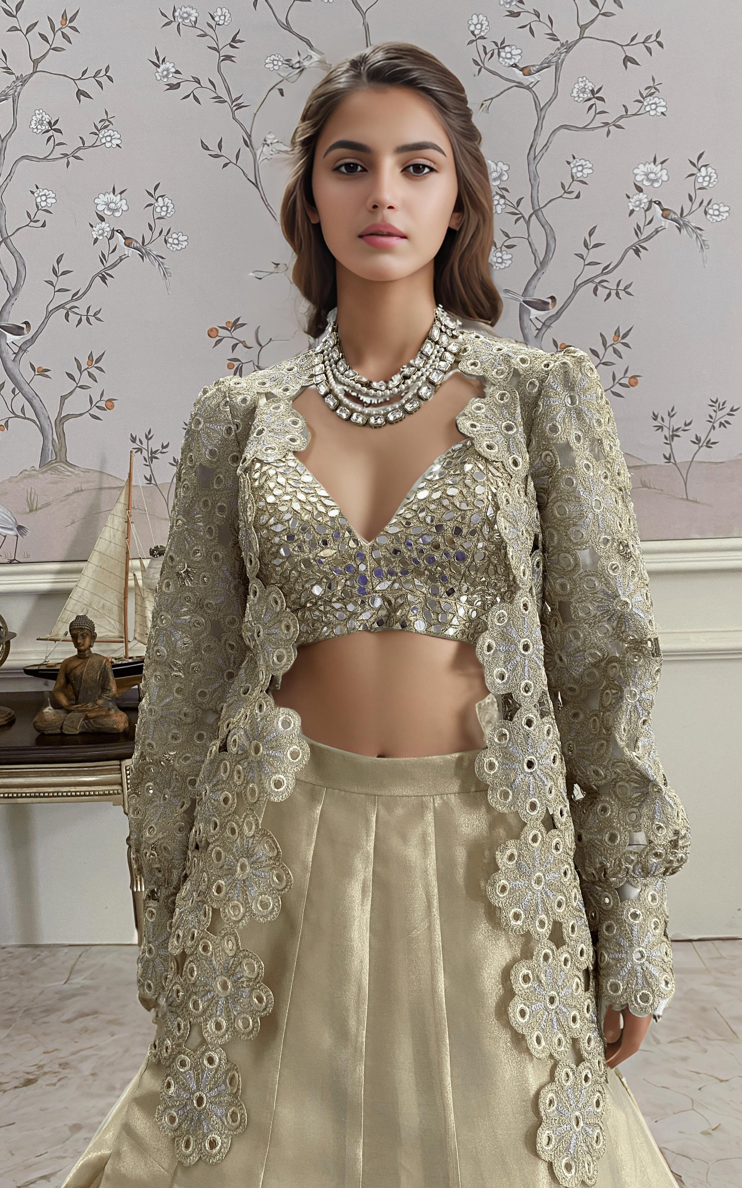 Pakistani Champagne Embroidered Organza Lehenga Set (3-Piece) - Image 1