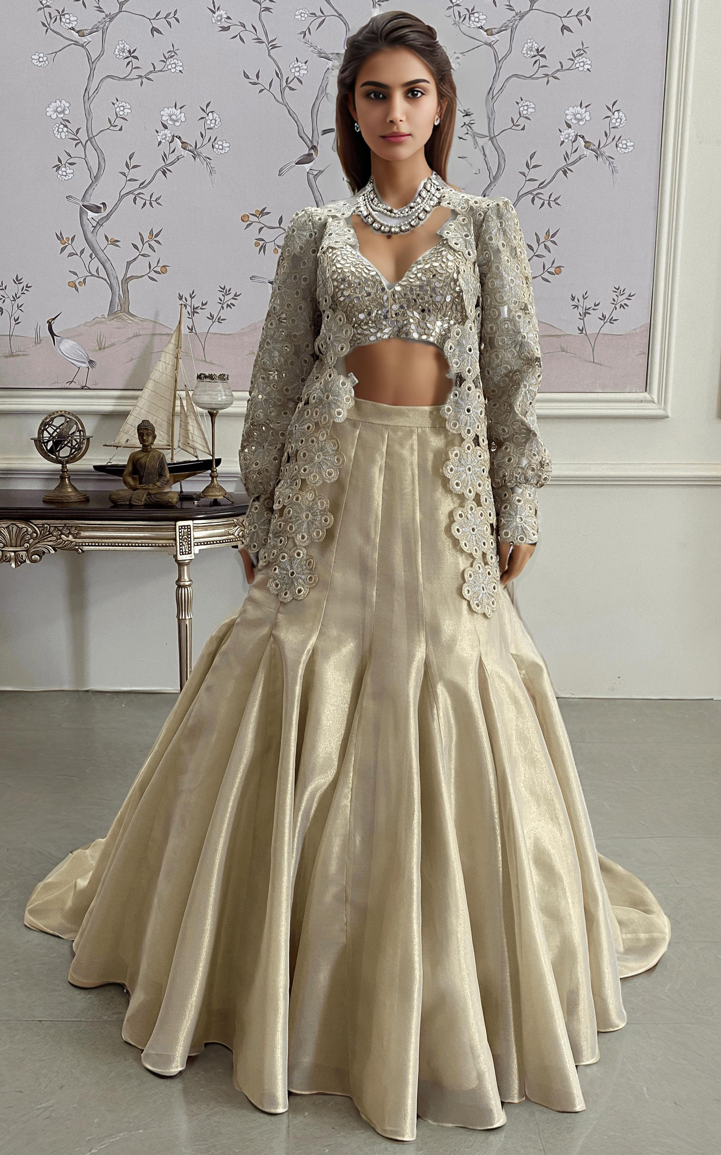 Pakistani Champagne Embroidered Organza Lehenga Set (3-Piece) - Image 2