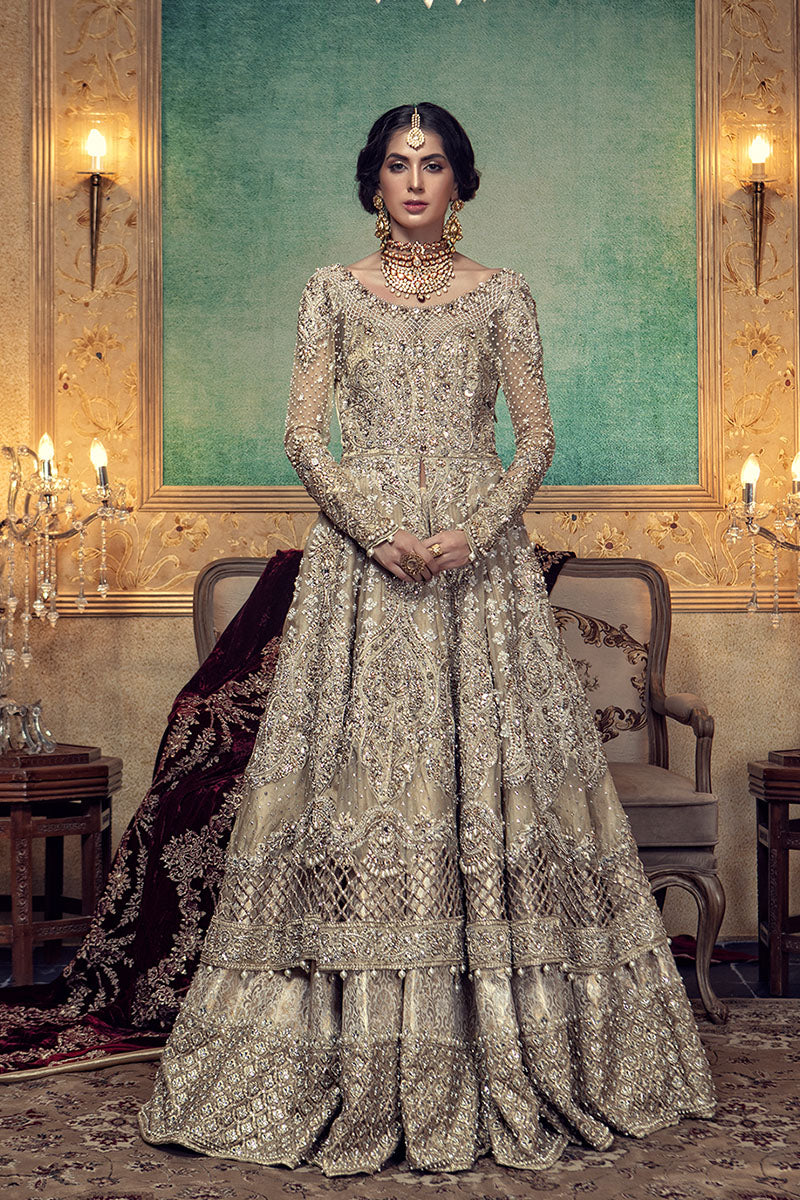 Golden Beige Embroidered Organza Jamawar Bridal Lehenga (3-Piece) - Image 2
