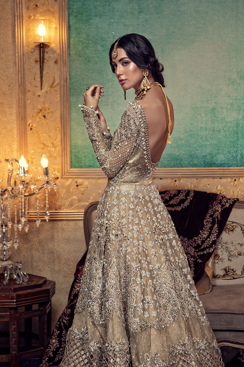 Golden Beige Embroidered Organza Jamawar Bridal Lehenga (3-Piece) - Image 3