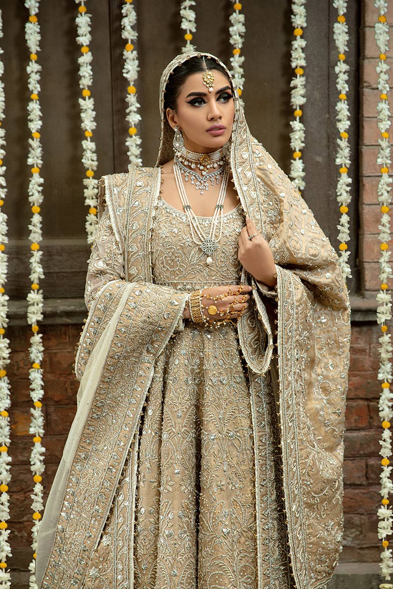 Pakistani Gold Embellished Organza Anarkali Lehenga (3-Piece) - Image 14