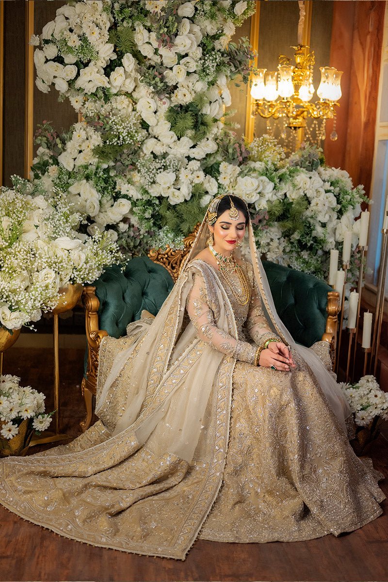 Pakistani Gold Embellished Organza Anarkali Lehenga (3-Piece) - Image 2