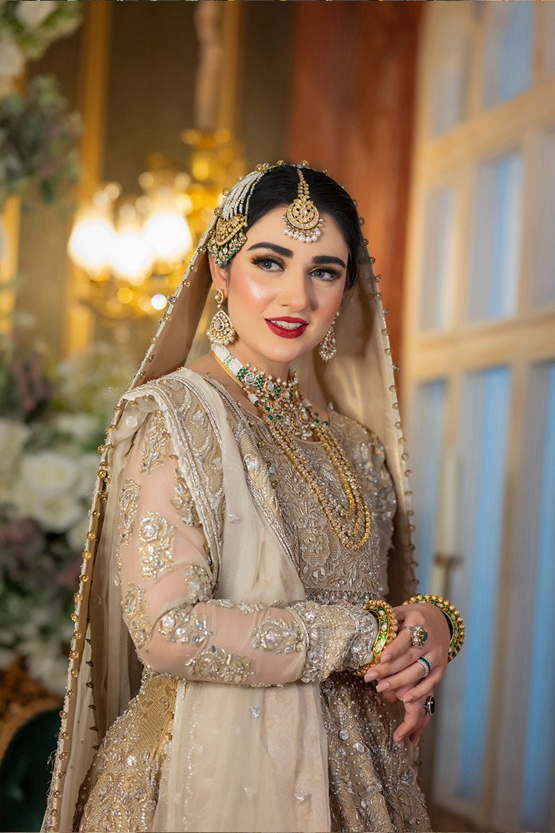 Pakistani Gold Embellished Organza Anarkali Lehenga (3-Piece) - Image 3