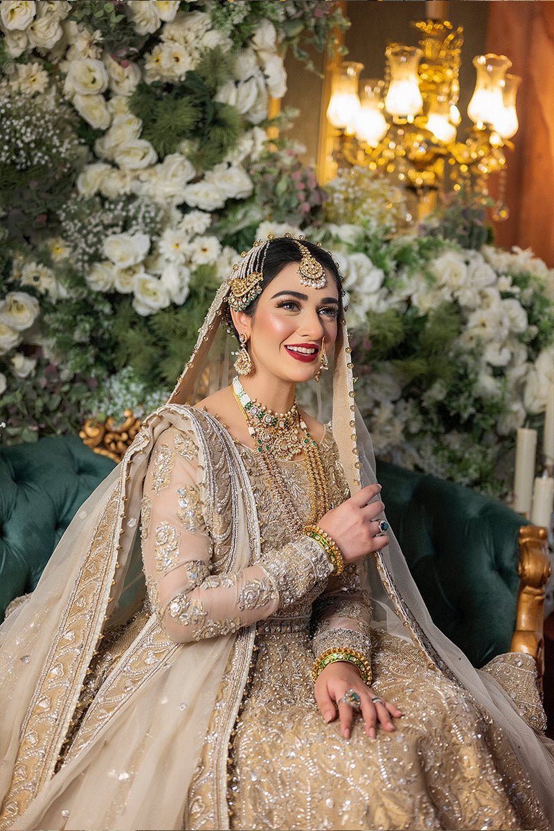 Pakistani Gold Embellished Organza Anarkali Lehenga (3-Piece) - Image 4