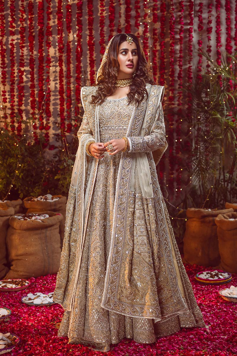 Pakistani Gold Embellished Organza Anarkali Lehenga (3-Piece) - Image 8