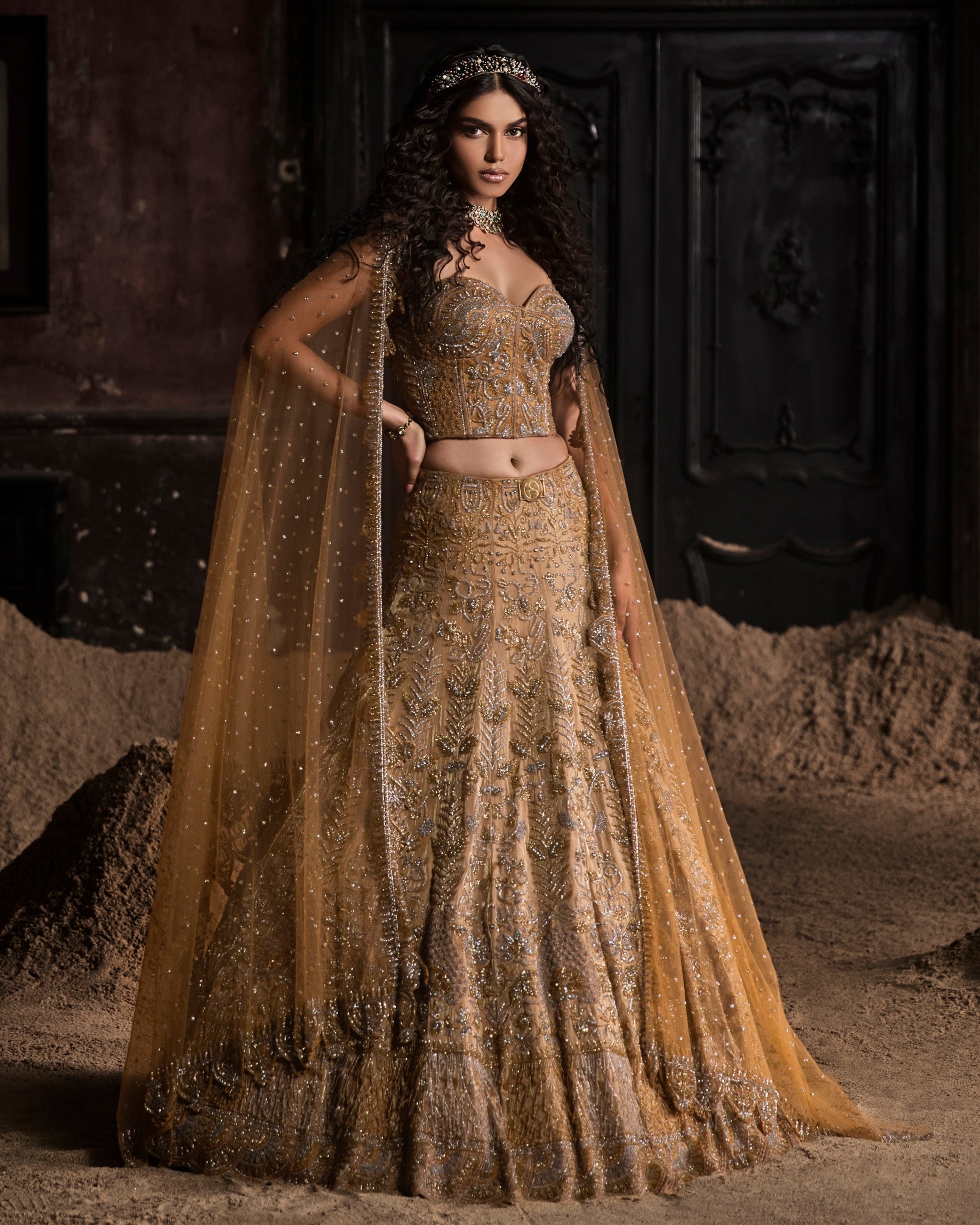 Indian Gold Embroidered Organza Lehenga Set (3-Piece) - Image 1