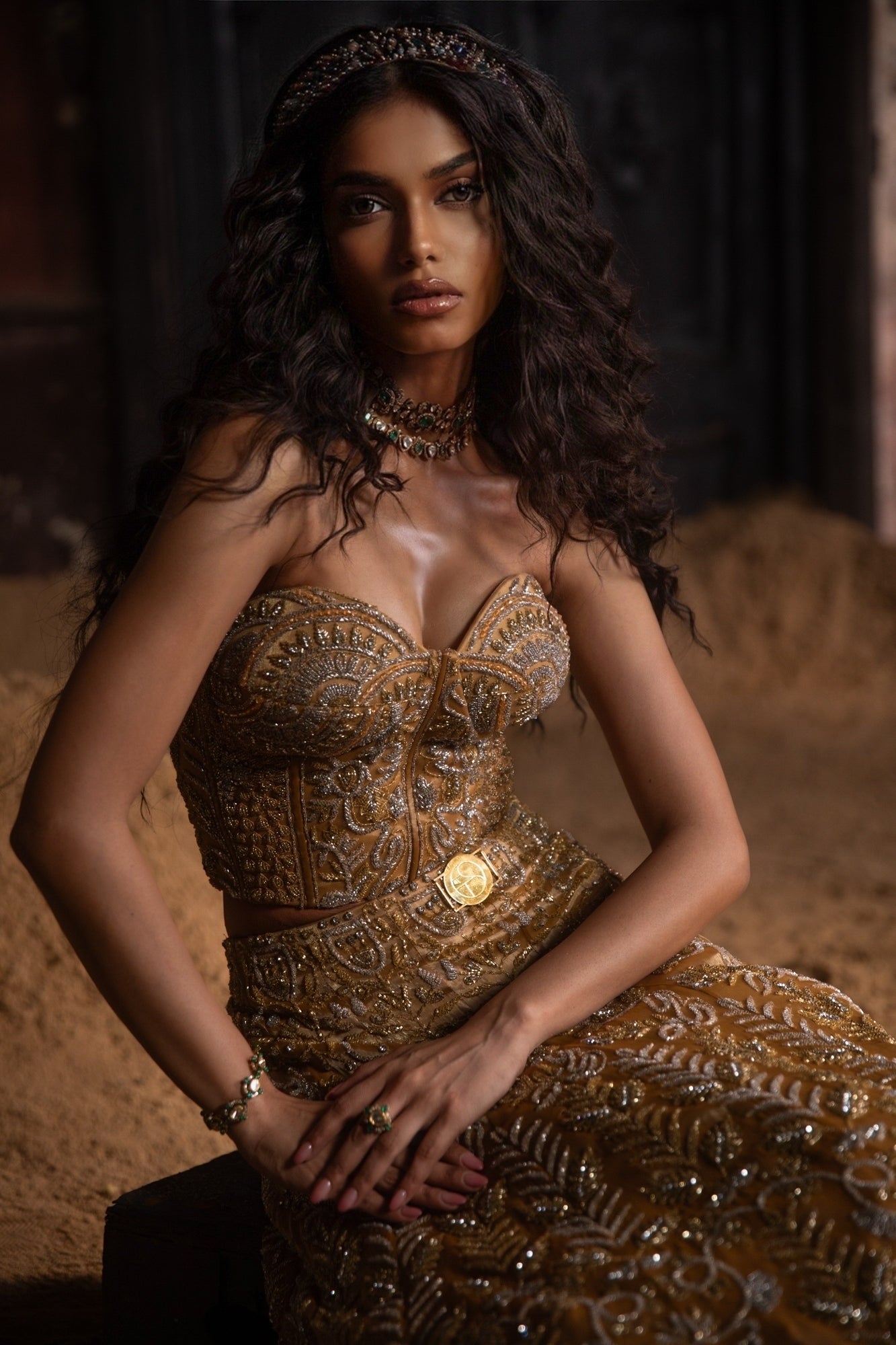 Indian Gold Embroidered Organza Lehenga Set (3-Piece) - Image 4