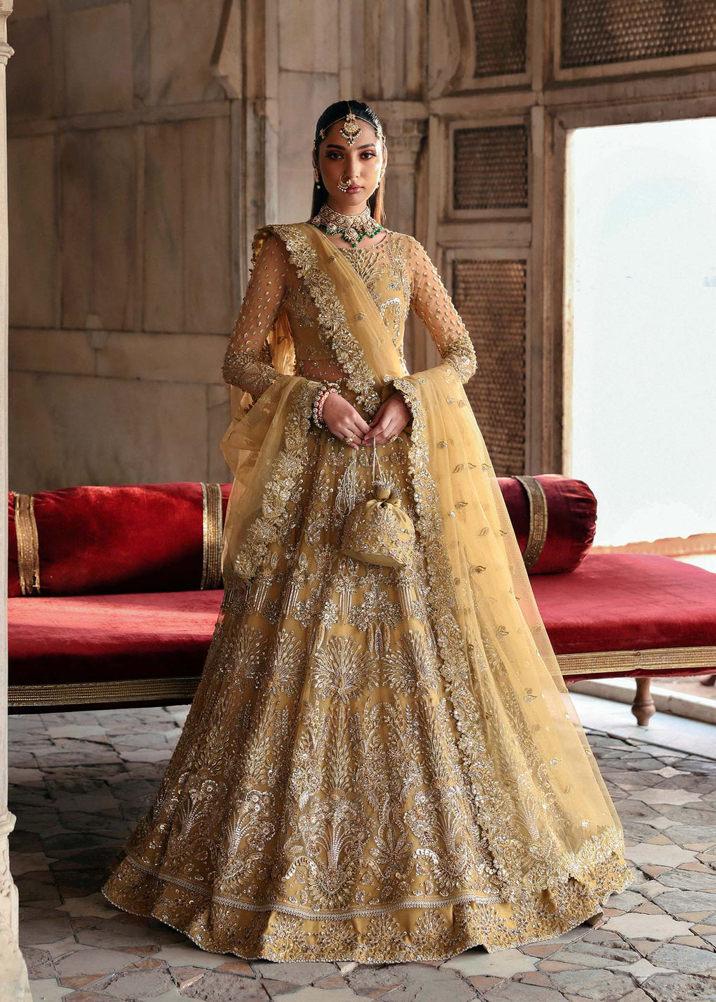 Gold Hand-Embellished Net & Organza Bridal Lehenga (3-Piece) - Image 1