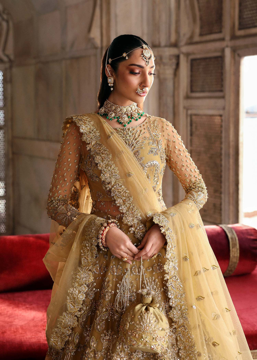 Gold Hand-Embellished Net & Organza Bridal Lehenga (3-Piece) - Image 2