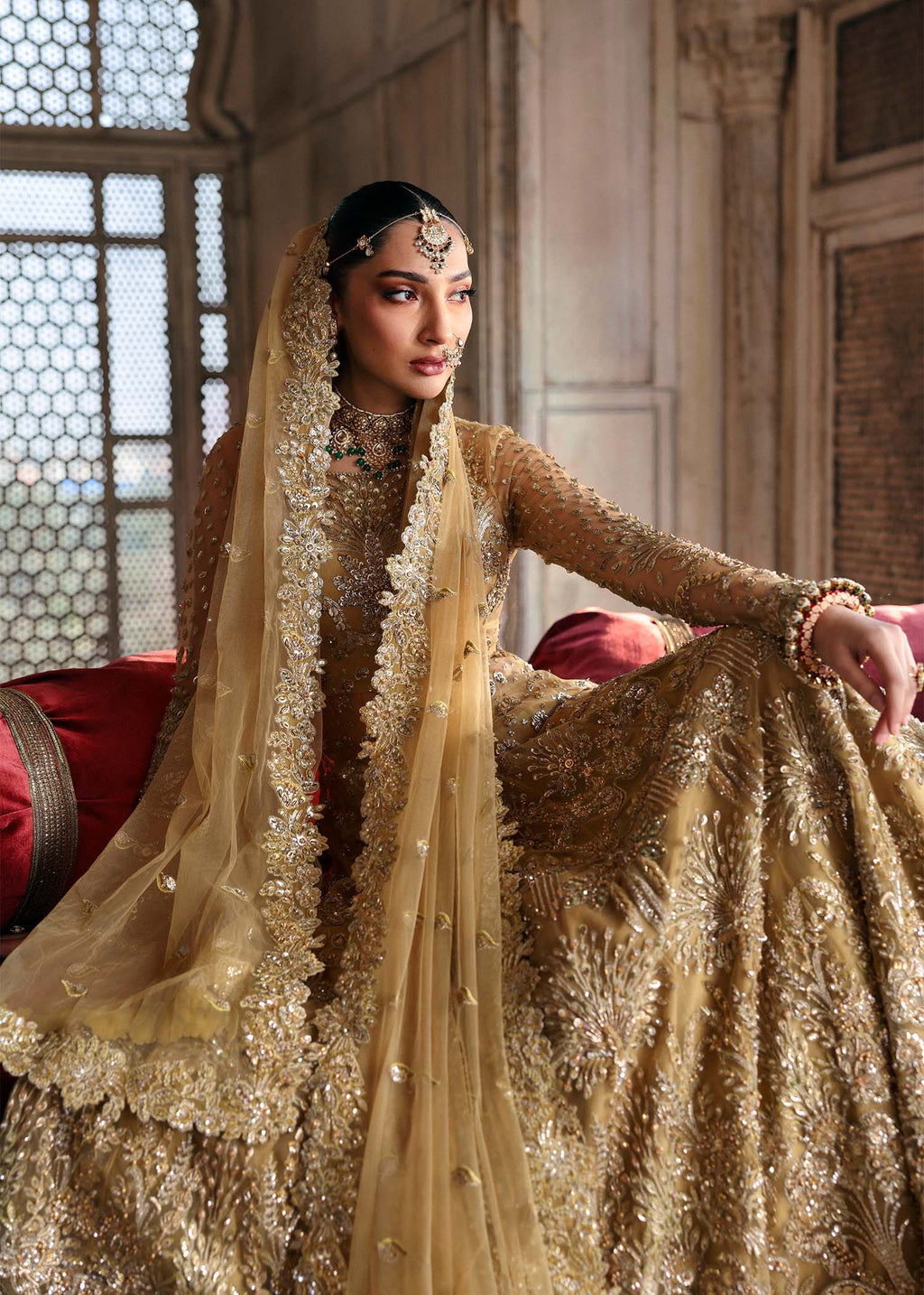 Gold Hand-Embellished Net & Organza Bridal Lehenga (3-Piece) - Image 4