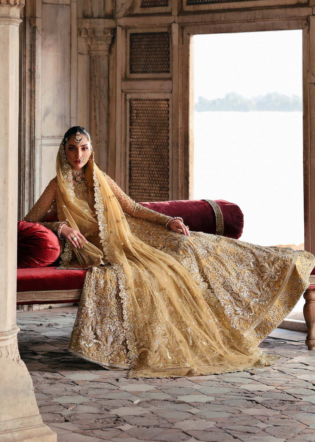 Gold Hand-Embellished Net & Organza Bridal Lehenga (3-Piece) - Image 5