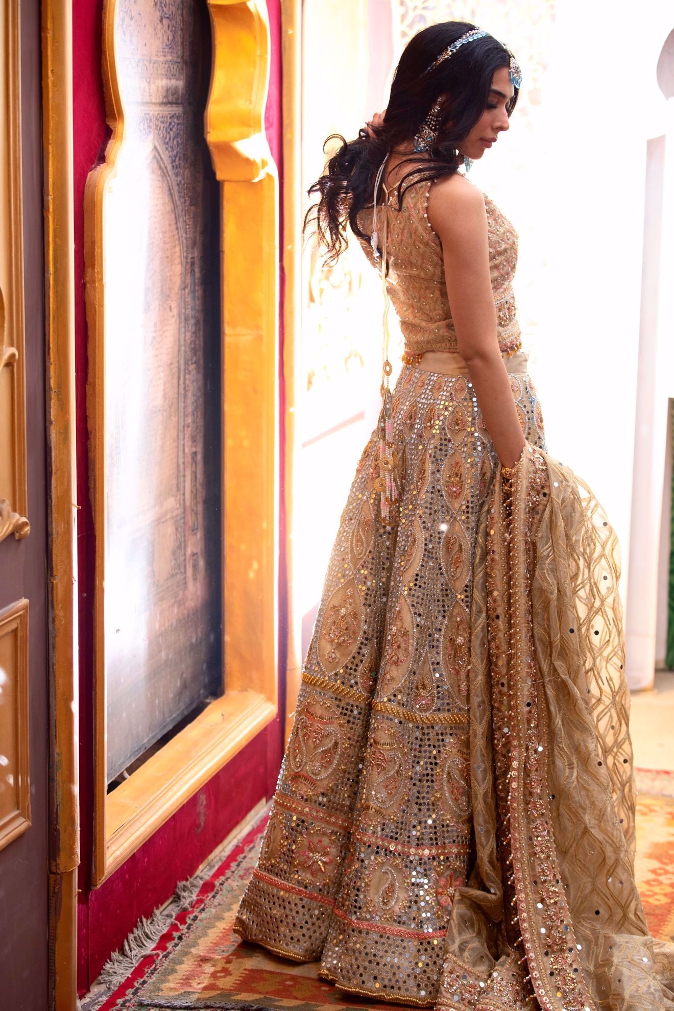 Gold Mirror Work Organza Lehenga Choli (3-Piece) - Image 2
