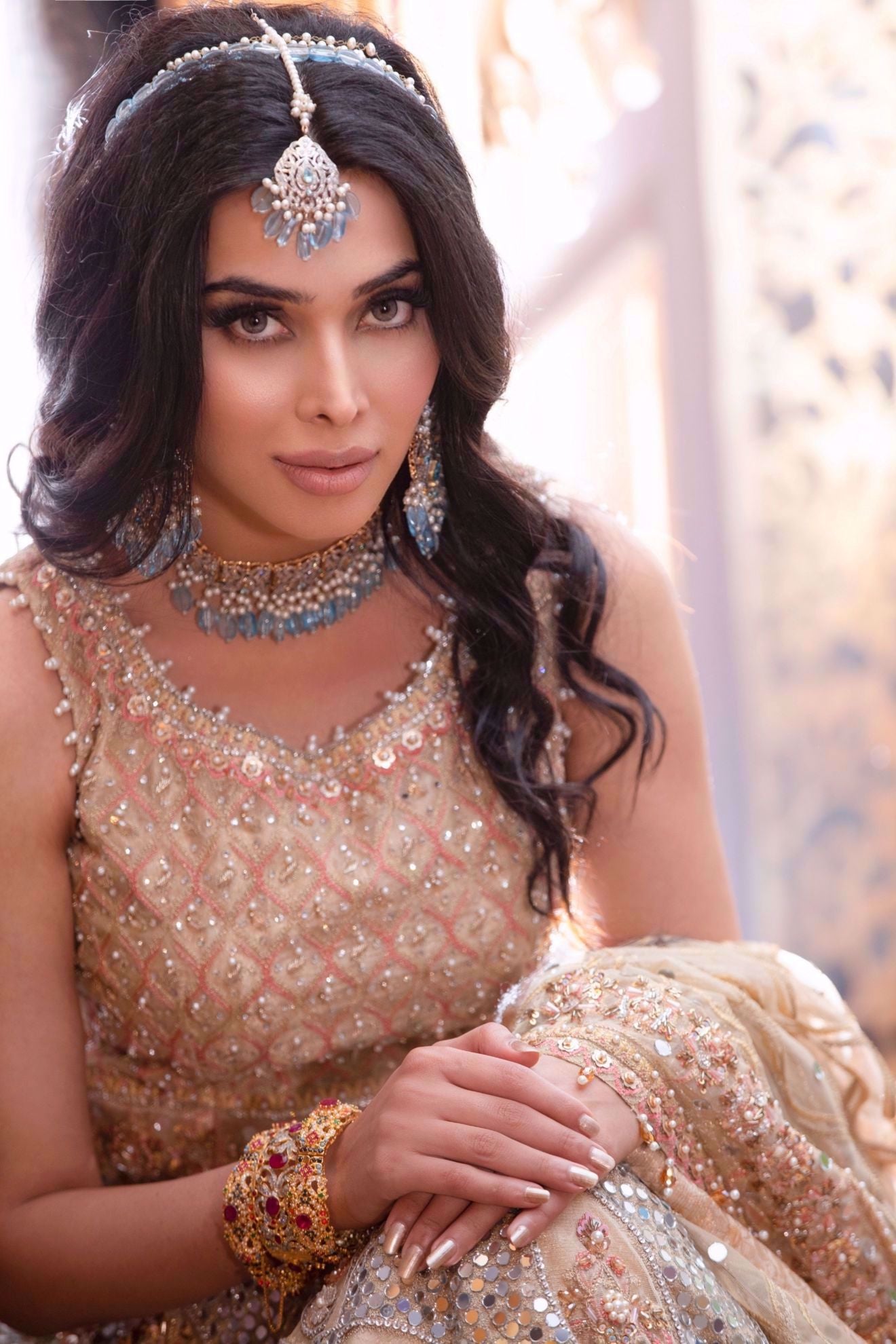 Gold Mirror Work Organza Lehenga Choli (3-Piece) - Image 4