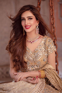 Gold Mirror Work Organza Bridal Lehenga (3-Piece) - Image 2