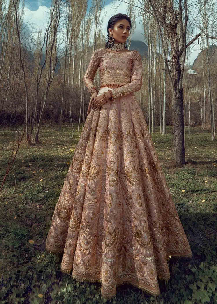 Pakistani Rose Gold Embroidered Tissue & Organza Bridal Lehenga (3-Piece) - Image 1