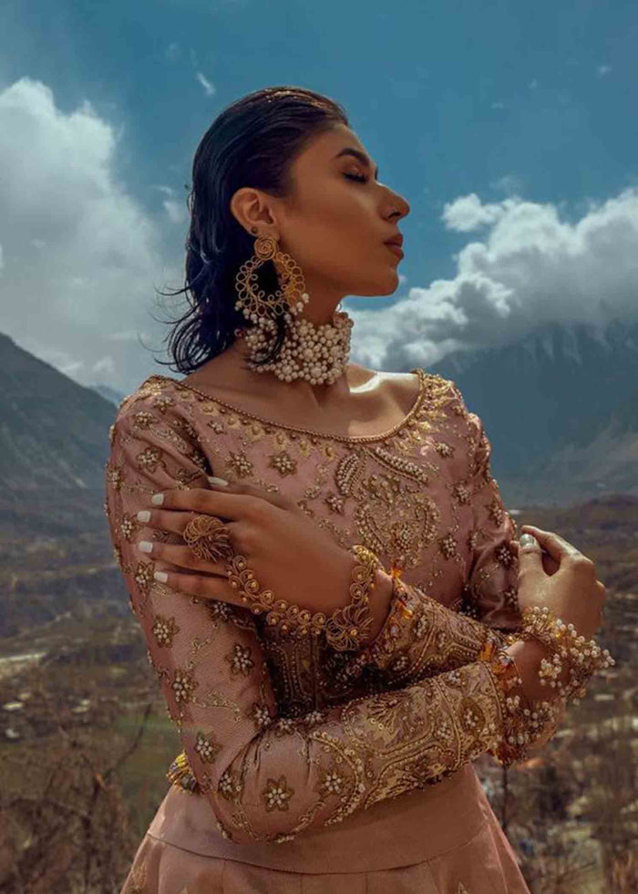 Pakistani Rose Gold Embroidered Tissue & Organza Bridal Lehenga (3-Piece) - Image 2