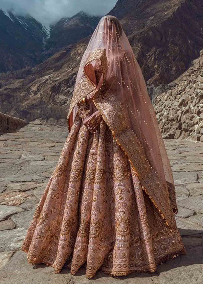 Pakistani Rose Gold Embroidered Tissue & Organza Bridal Lehenga (3-Piece) - Image 3