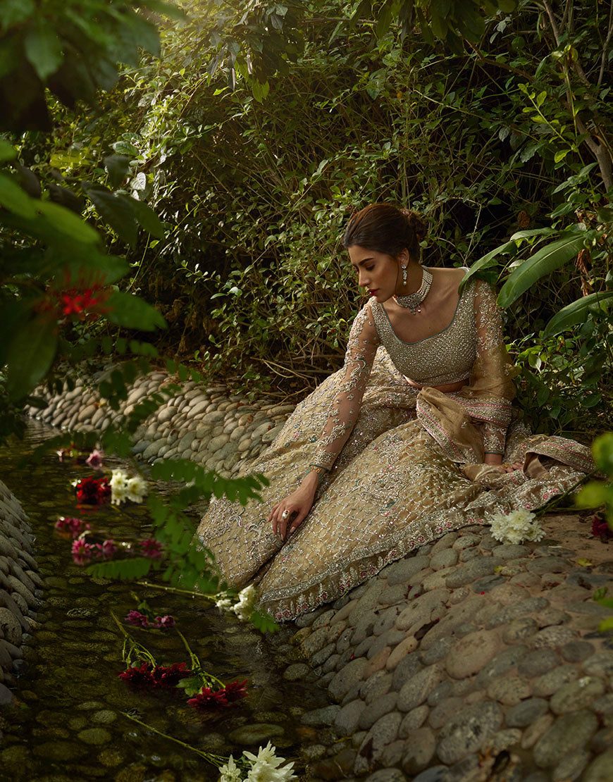 Pakistani Silver & Gold Embroidered Organza Lehenga (3-Piece) - Image 1