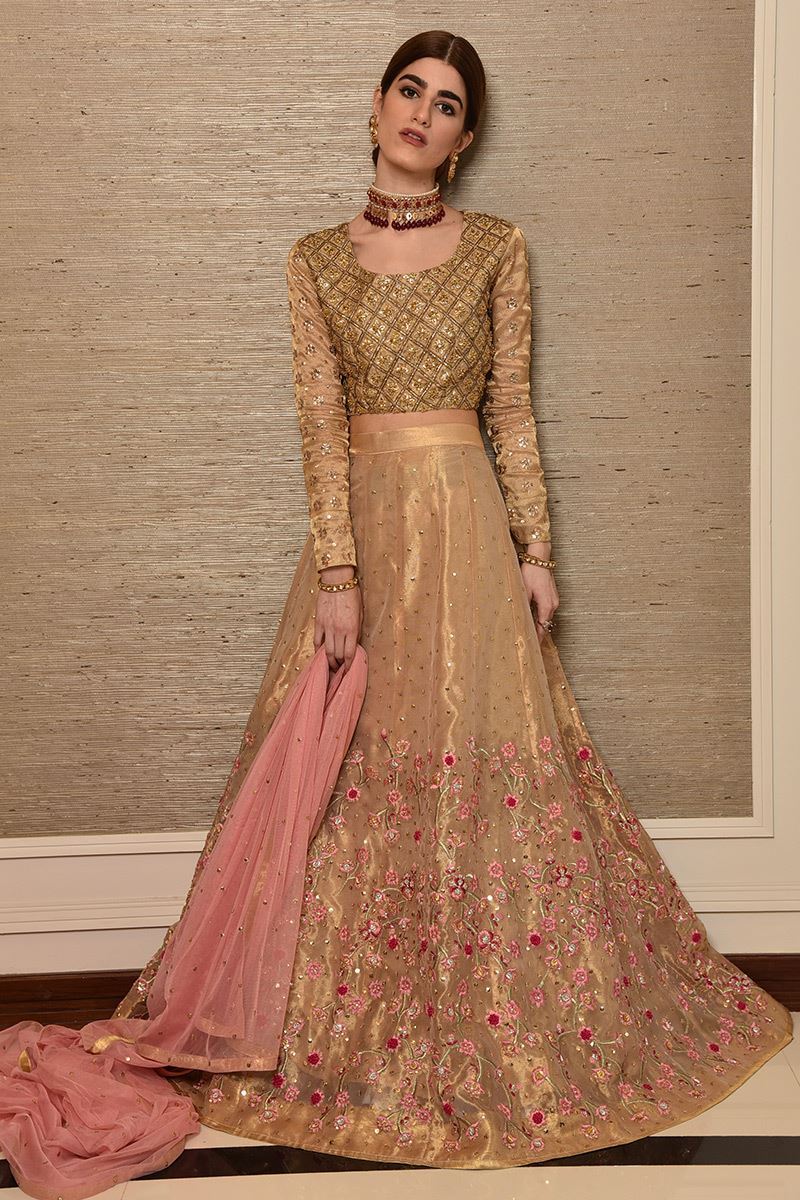 Pakistani Metallic Gold Embroidered Organza Lehenga Choli (3-Piece) - Image 1