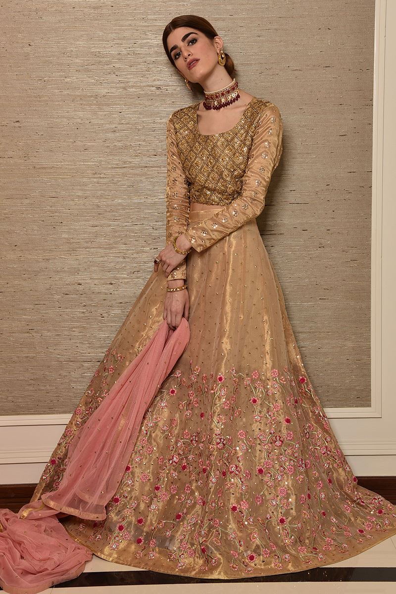 Pakistani Metallic Gold Embroidered Organza Lehenga Choli (3-Piece) - Image 2