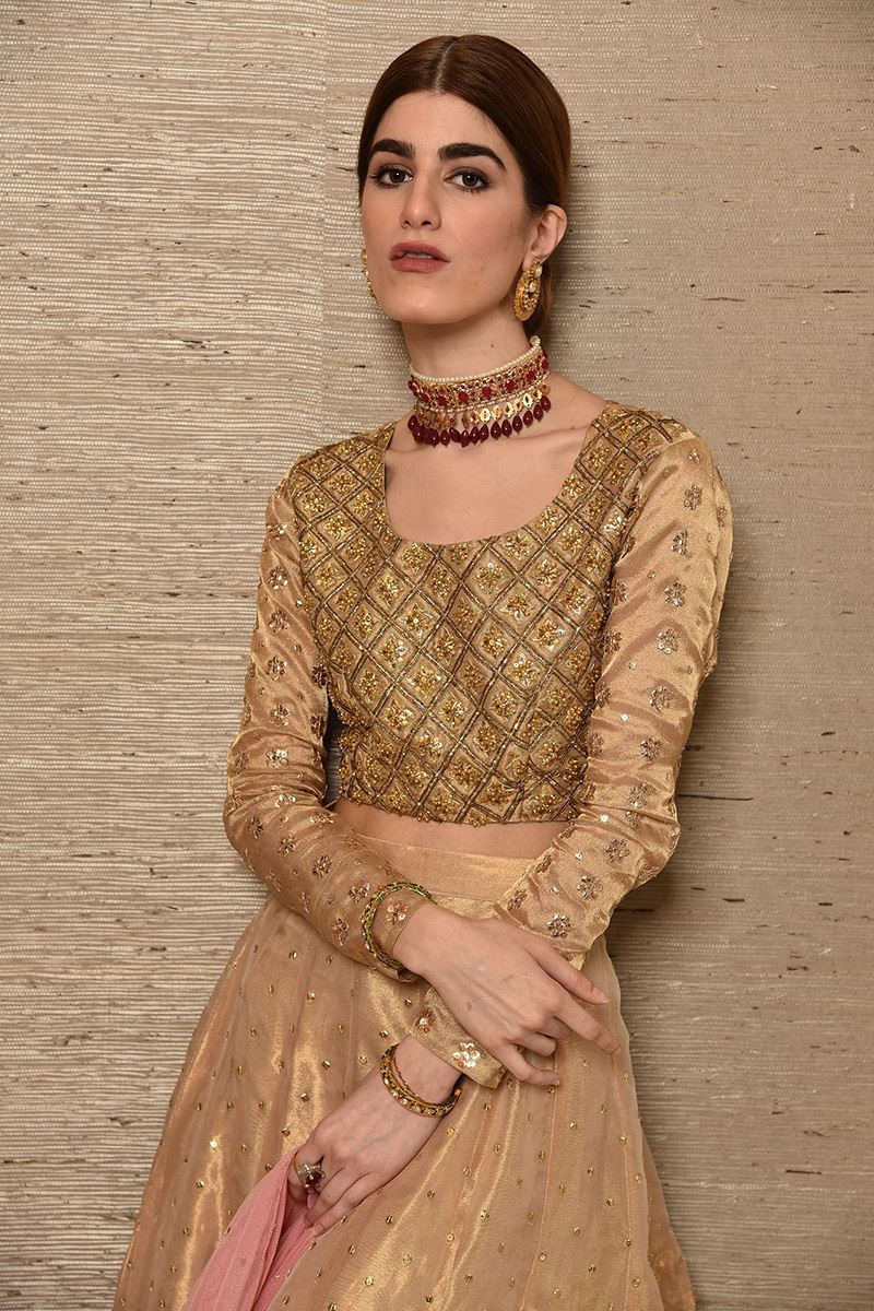 Pakistani Metallic Gold Embroidered Organza Lehenga Choli (3-Piece) - Image 4